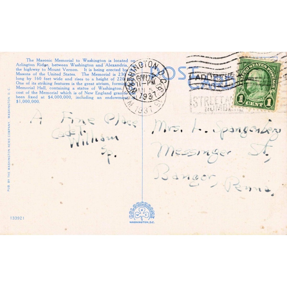George Washington Masonic National Memorial Alexandria VA Linen Postcard 1937 - Picture 2 of 2